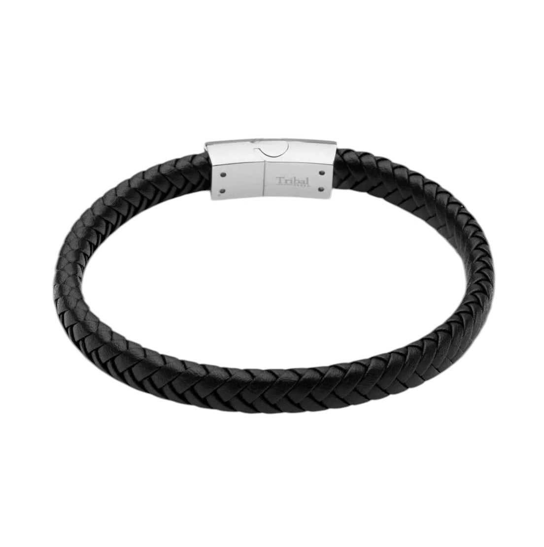 Men’s Black Braided Leather Stainless Steel Clasp Bracelet