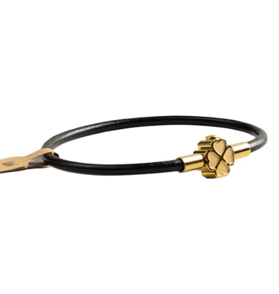 BLKSMTH 18K Gold Plated Clover - Black Cowhide Leather Bracelet