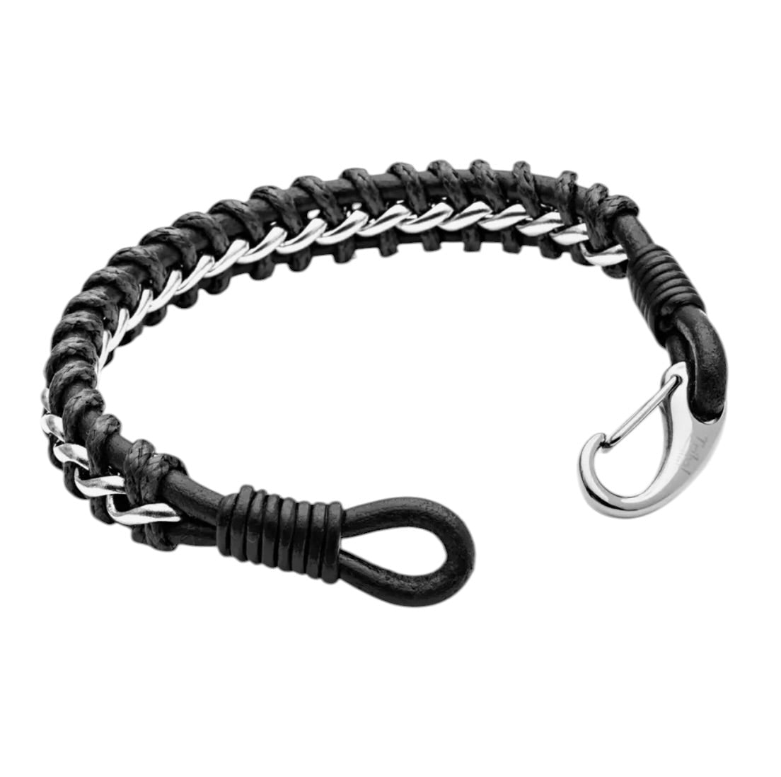 Men’s Black Braided Leather & Stainless Steel Hook Bracelet