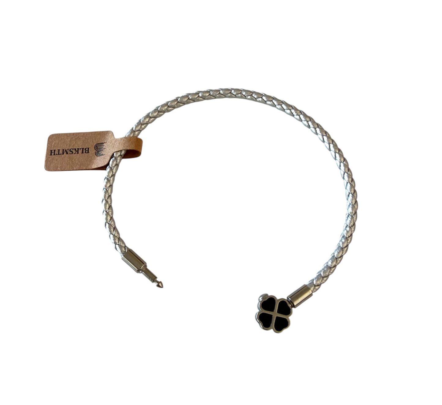 BLKSMTH Stainless Steel Clover Silver Cowhide Leather Bracelet