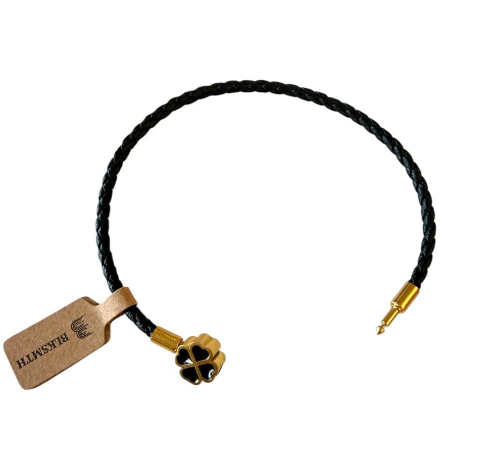 BLKSMTH 18K Gold Plated Clover Black Cowhide Leather Bracelet