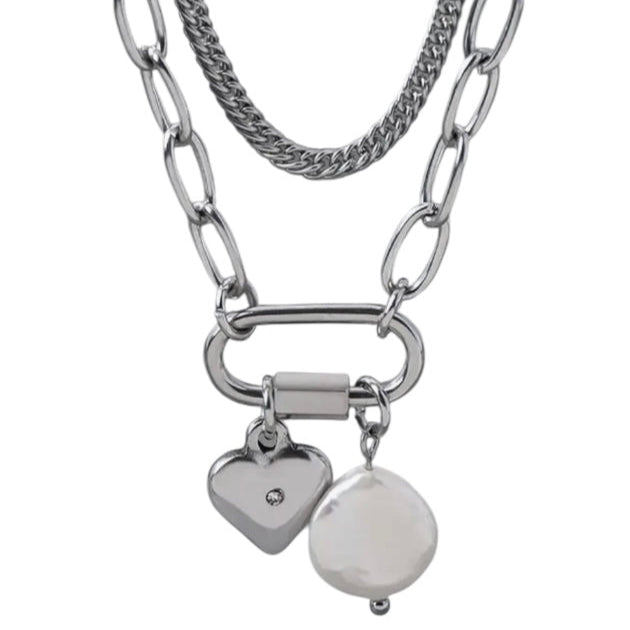 Billie Taylor Baroque Freshwater Pearl Layered Stainless Steel Carabiner Necklace