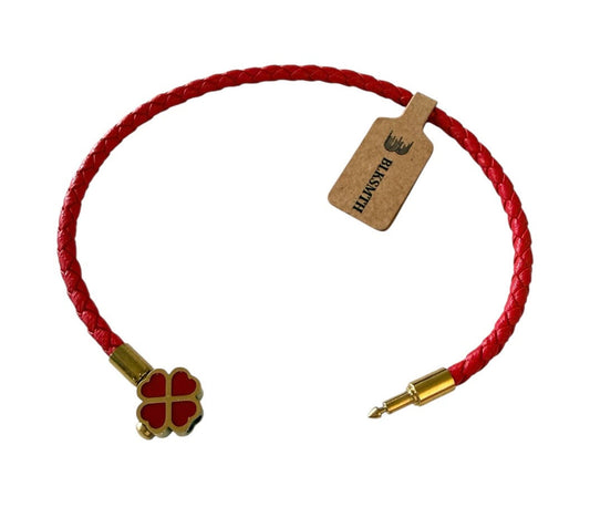 BLKSMTH 18K Gold Plated Clover Red Cowhide Leather Bracelet