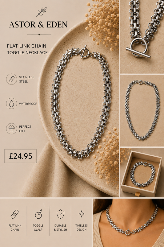 Stainless Steel Flat Link Chain Toggle Necklace