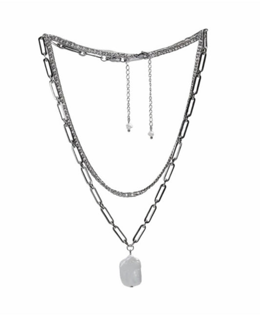 Adriel Kinsley Baroque Freshwater Pearl on Paperclip Layered Stainless Steel Chain Necklace