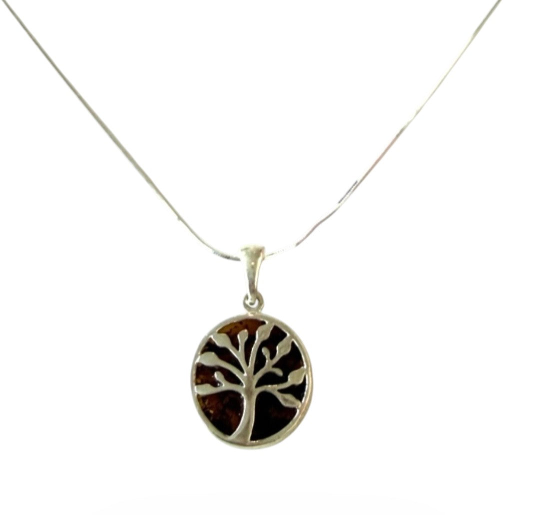 925 Sterling Silver Baltic Amber Tree of Life Necklace