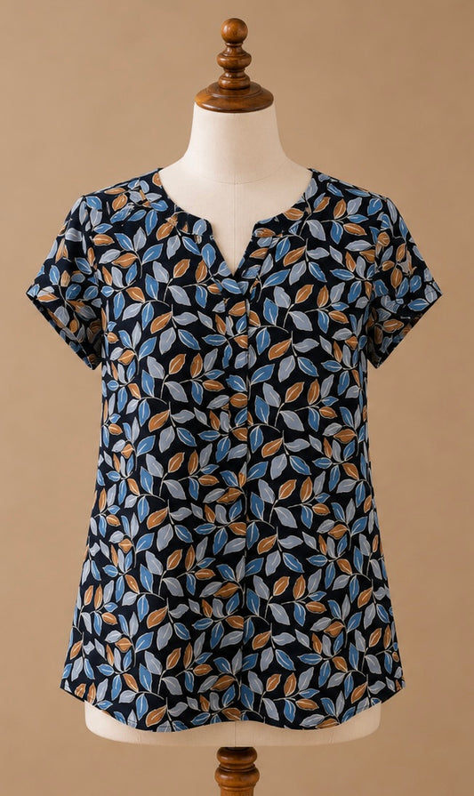 Seasalt Cornwall Organic Cotton Blend Leaf Print Top | UK 8 | Navy Multi