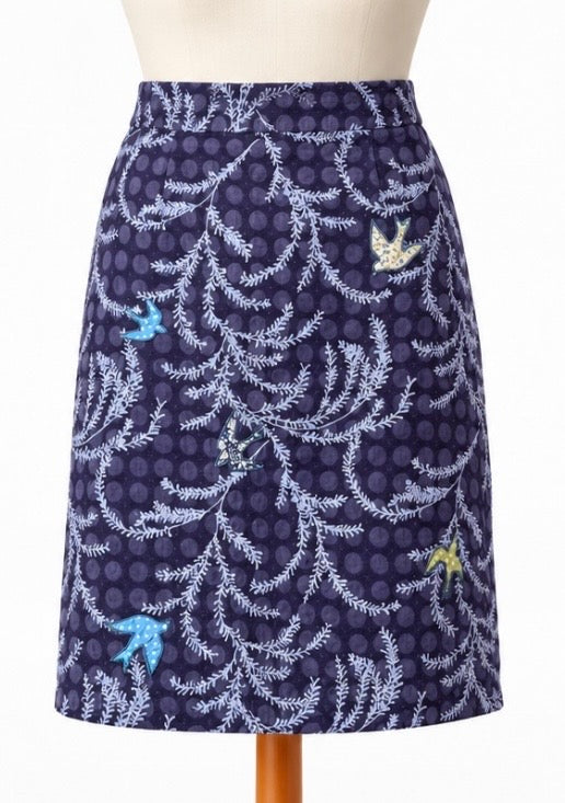 White Stuff Navy Bird Appliqué Textured Skirt | UK 14