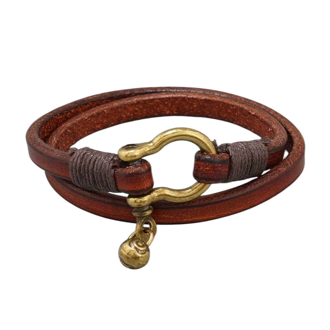 Brown Leather Wrap Bracelet with 18k Gold Plated Horseshoe Carabiner Clasp