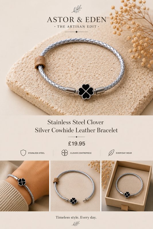 BLKSMTH Stainless Steel Clover Silver Cowhide Leather Bracelet