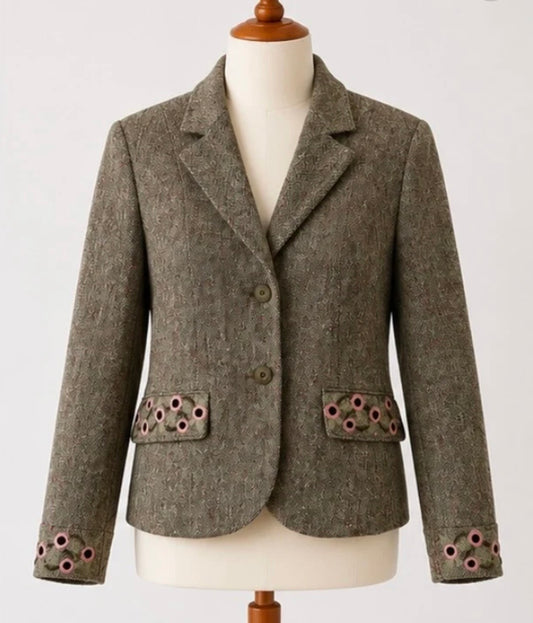 Laura Lebek Wool Blend Embroidered Blazer | Taupe | UK 14