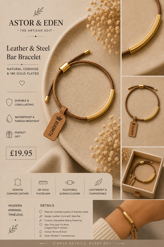 BLKSMTH Natural Cowhide Leather & 18k Gold Plated Adjustable Bracelet