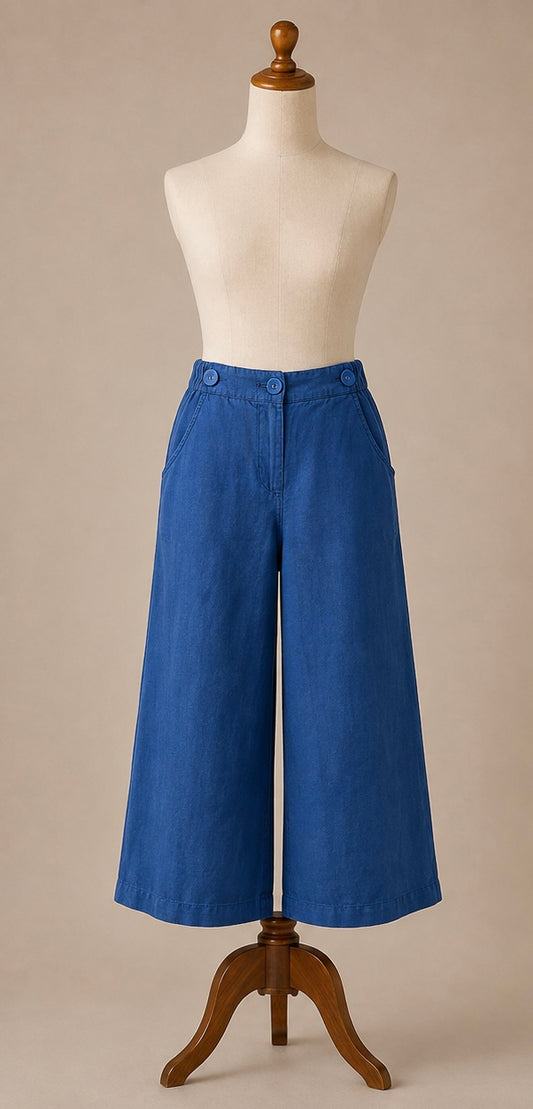 Seasalt Cornwall Blue Linen Wide-Leg Cropped Trousers | Ladies UK 12