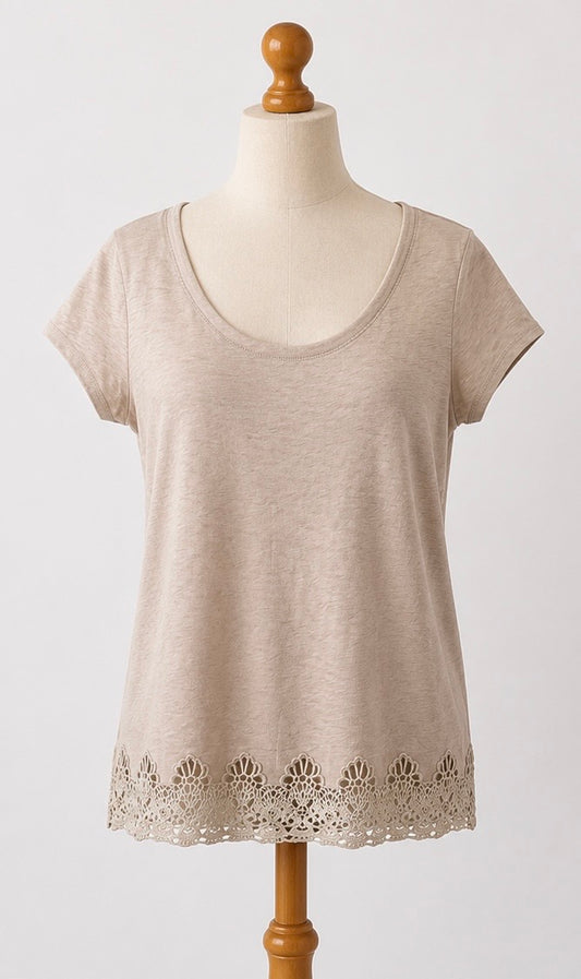 Laura Ashley Lace Hem T-Shirt | Beige | 100% Cotton | Size 12