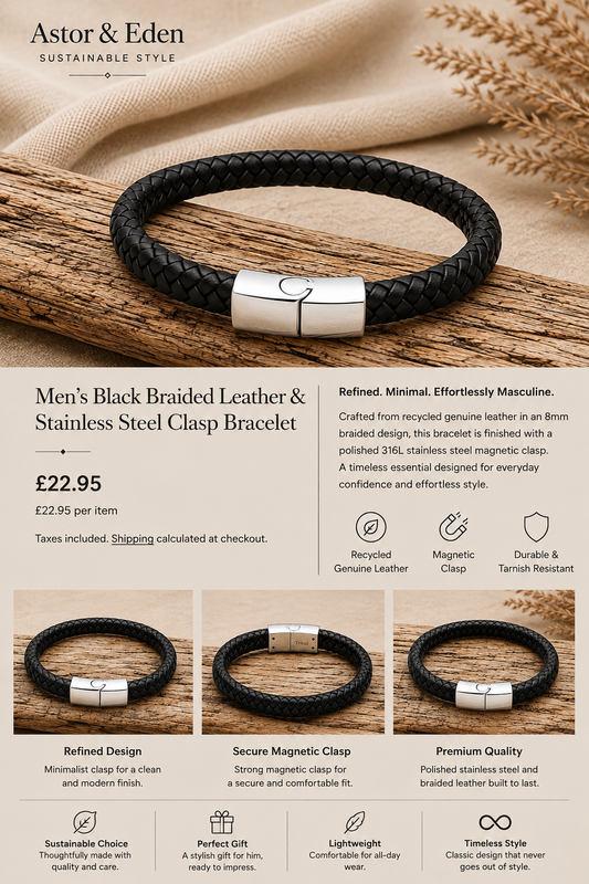 Men’s Black Braided Leather Stainless Steel Clasp Bracelet