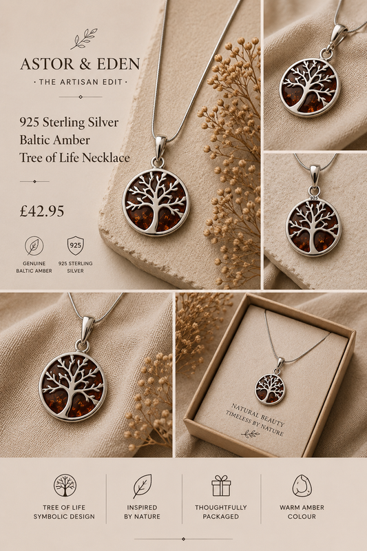 925 Sterling Silver Baltic Amber Tree of Life Necklace