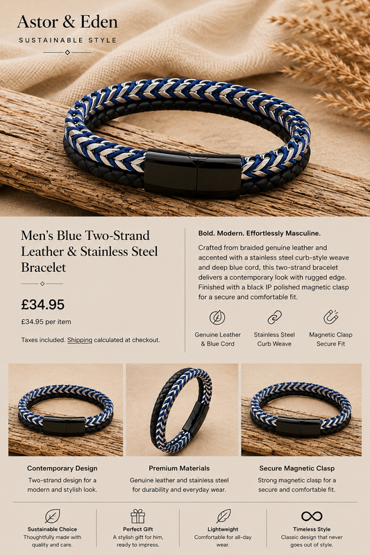 Men’s Blue Two-Strand Leather & Stainless Steel Bracelet