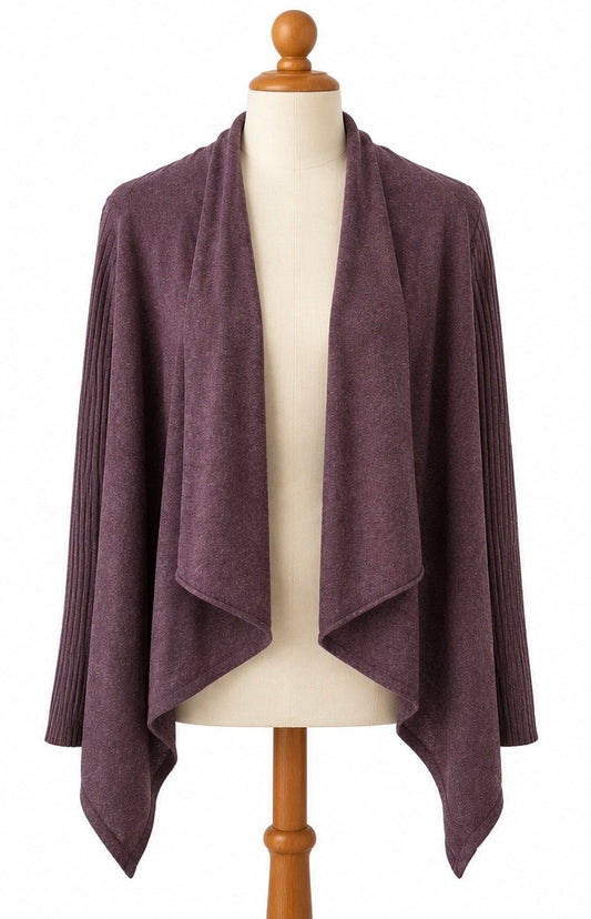 Deep Purple Waterfall Cardigan | Soft Knit with Ribbed Sleeves | Size 12