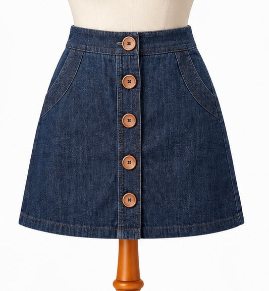 Boden Dark Denim Button-Through A-Line Skirt | UK 10R