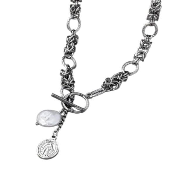 Ezra Miles Baroque Freshwater Pearl on Braided Stainless Steel Toggle Necklace