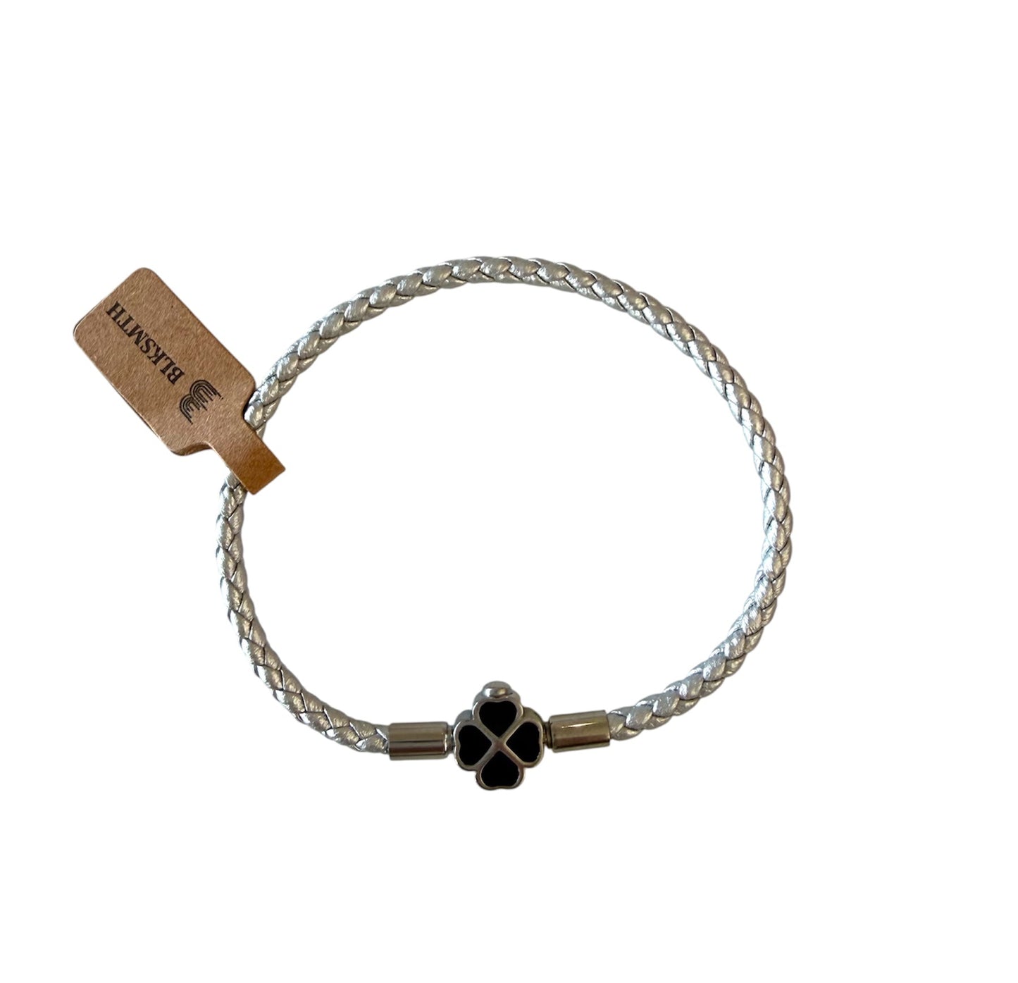 BLKSMTH Stainless Steel Clover Silver Cowhide Leather Bracelet
