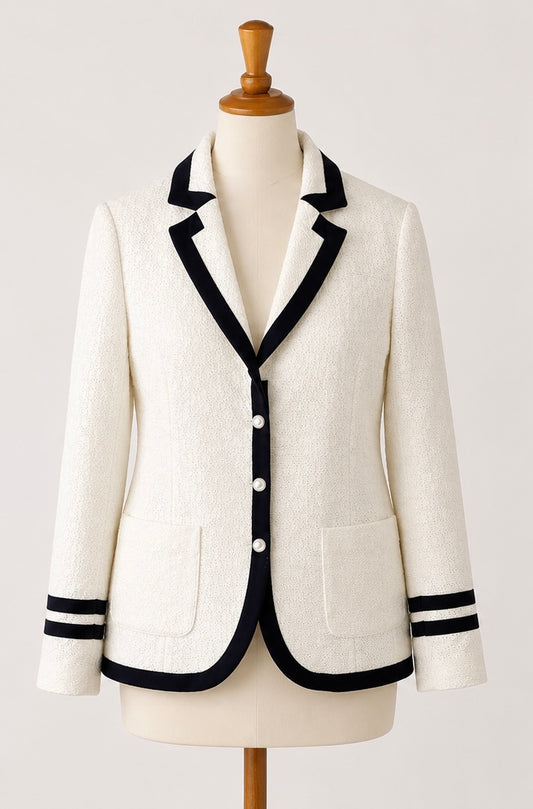 Eugen Klein Textured Blazer | Ivory with Black Contrast Trim | UK 18 | Made in Europe