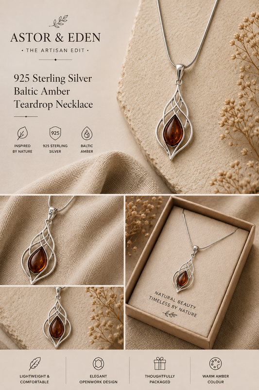 925 Sterling Silver Baltic Amber Teardrop Necklace