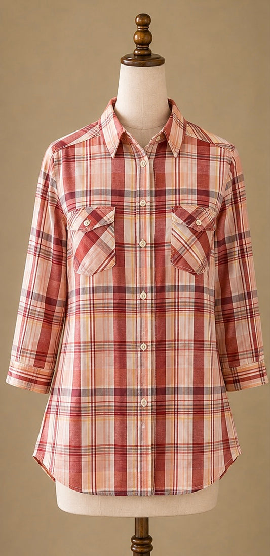 Fat Face Women’s Checked Cotton Shirt | Size 14 | Pink Multi Check | 3/4 Sleeve