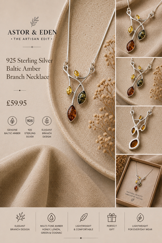 925 Sterling Silver Baltic Amber Branch Necklace