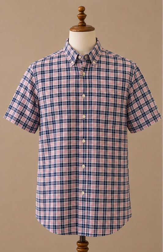 FatFace Short Sleeve Check Shirt | Pink & Navy | Medium | 100% Cotton