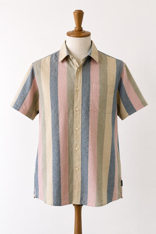 Barbour Linen Blend Stripe Shirt | Medium Regular Fit | Pastel Stripe | Short Sleeve