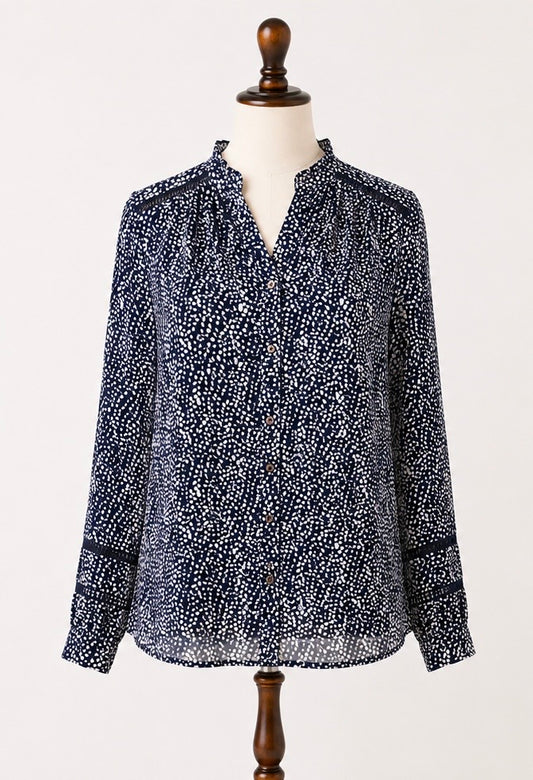 Brakeburn Navy & Cream Printed Cotton Blouse | Size 8