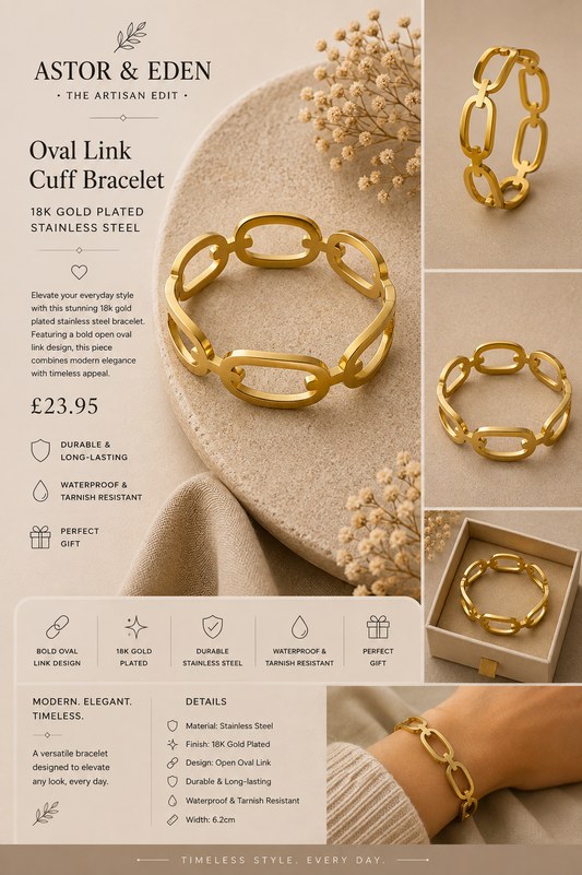 18k Gold Plated Stainless Steel Oval Link Cuff Bracelet