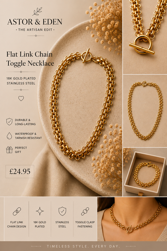 18k Gold plated Flat Link Chain Toggle Necklace