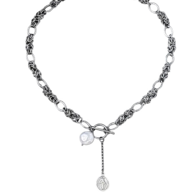 Ezra Miles Baroque Freshwater Pearl on Braided Stainless Steel Toggle Necklace