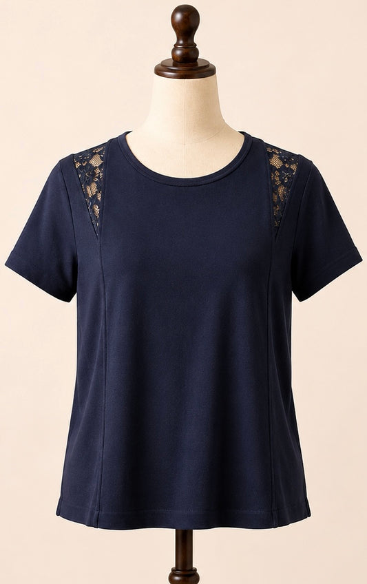 Whistles Navy T-Shirt with Lace Shoulder Detail | UK 10