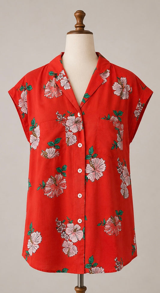 Laura Ashley Ladies Floral Blouse | UK 12 | Coral Red | 100% Viscose | Short Sleeve