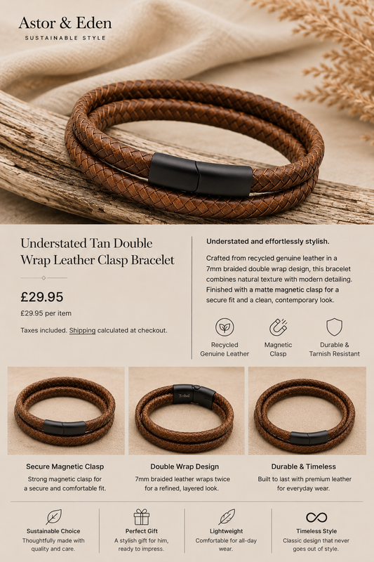 Men’s Understated Tan Double Wrap Leather Clasp Bracelet