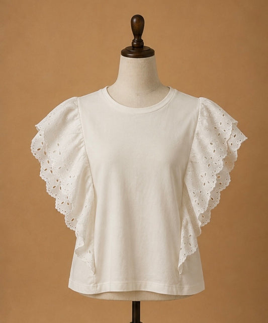 Mint Velvet White Broderie Ruffle Sleeve Top | Size L
