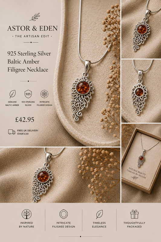 925 Sterling Silver Baltic Amber Filigree Necklace