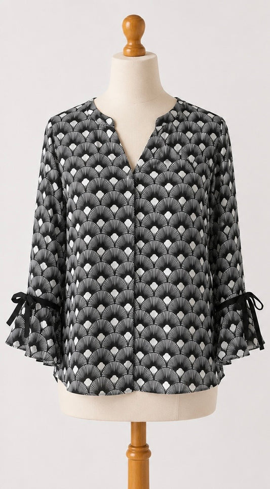 Mint Velvet Geometric Print Blouse | Black & Ivory | Size 10
