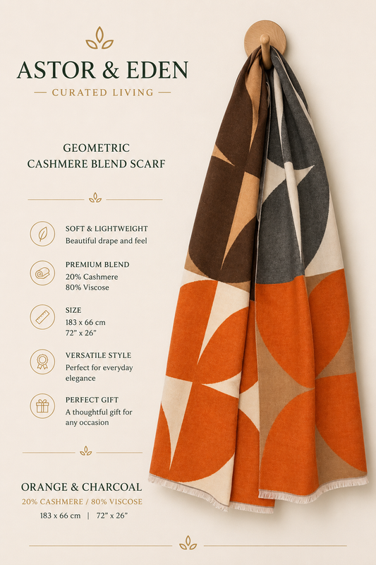 Astor & Eden | Geometric Cashmere Blend Scarf | Orange & Charcoal