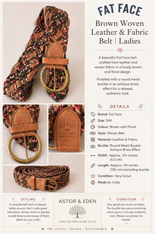 Fat Face Brown Woven Leather & Fabric Belt | Ladies S/M