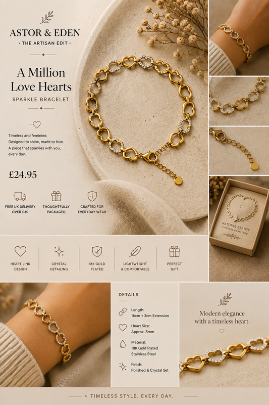 18k Gold Plated A Million Love hearts Sparkle Bracelet