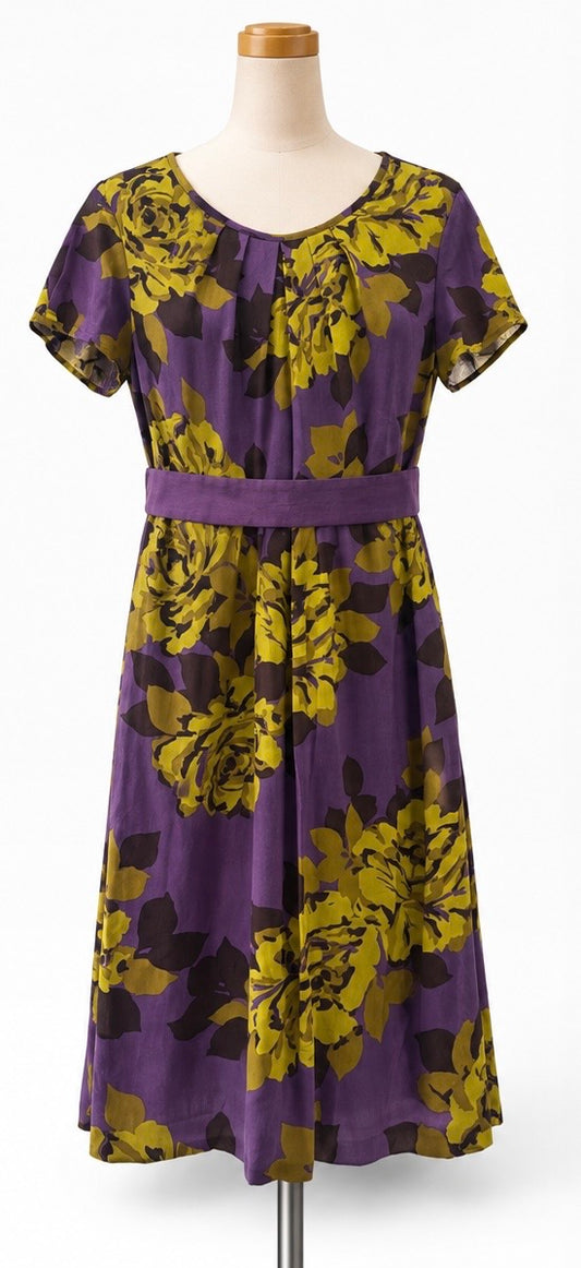 Boden Floral Fit & Flare Dress | Purple & Chartreuse | Size 16R