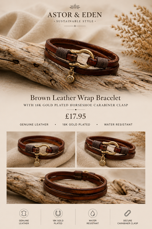 Brown Leather Wrap Bracelet with 18k Gold Plated Horseshoe Carabiner Clasp
