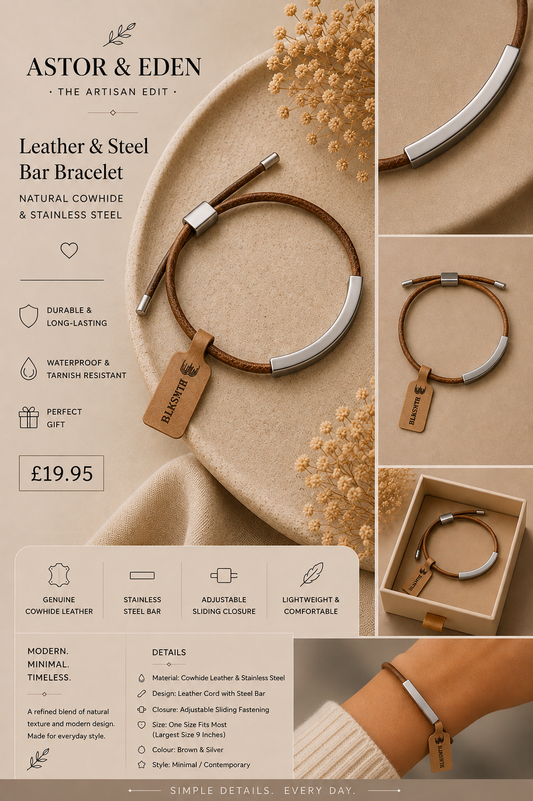 BLKSMTH Natural Cowhide Leather & Stainless Steel Adjustable Bracelet