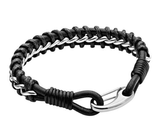 Men’s Black Braided Leather & Stainless Steel Hook Bracelet