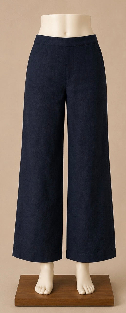 Hobbs London Navy Linen Wide-Leg Trousers | Size 8