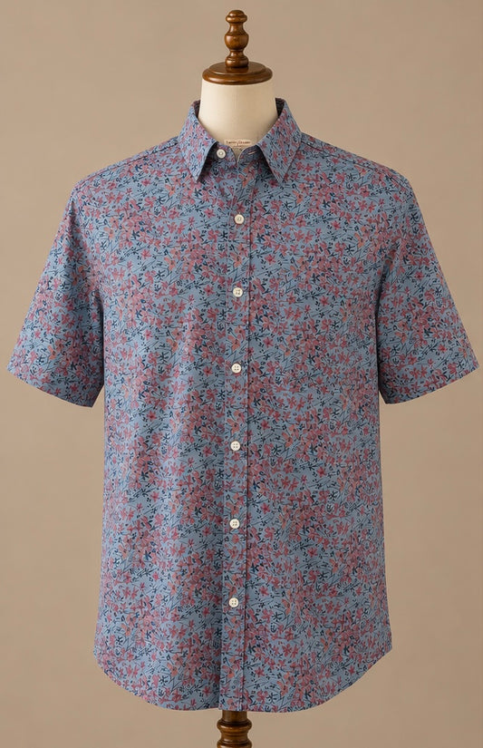 Original Penguin Heritage Slim Fit Floral Shirt | Blue & Pink | Short Sleeve | S